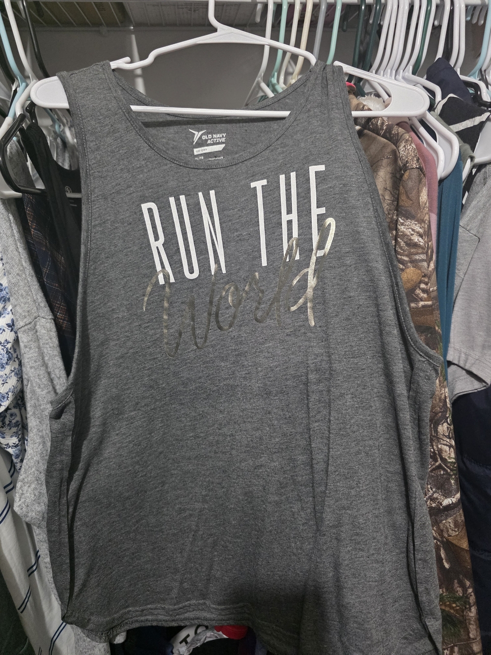 Old Navy Gray Tank Top with White and Gold Graphic